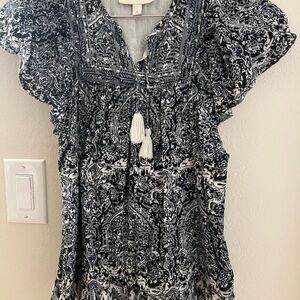 Cleobella Boho Tassel-Front Flutter Sleeve Top - Navy & White Size 6